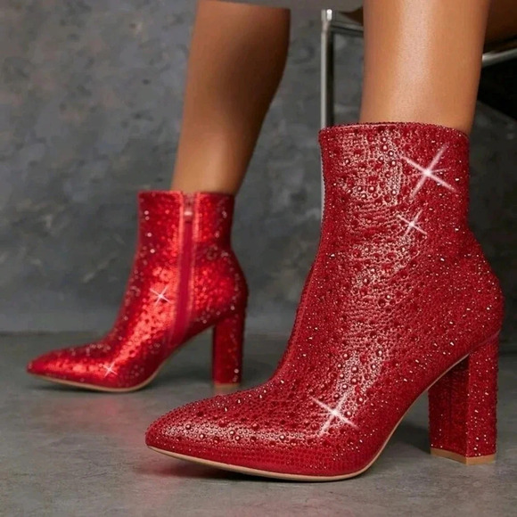 Rhinestone Pointy Toe Block Heel Ankle Boots - Picture 1 of 7